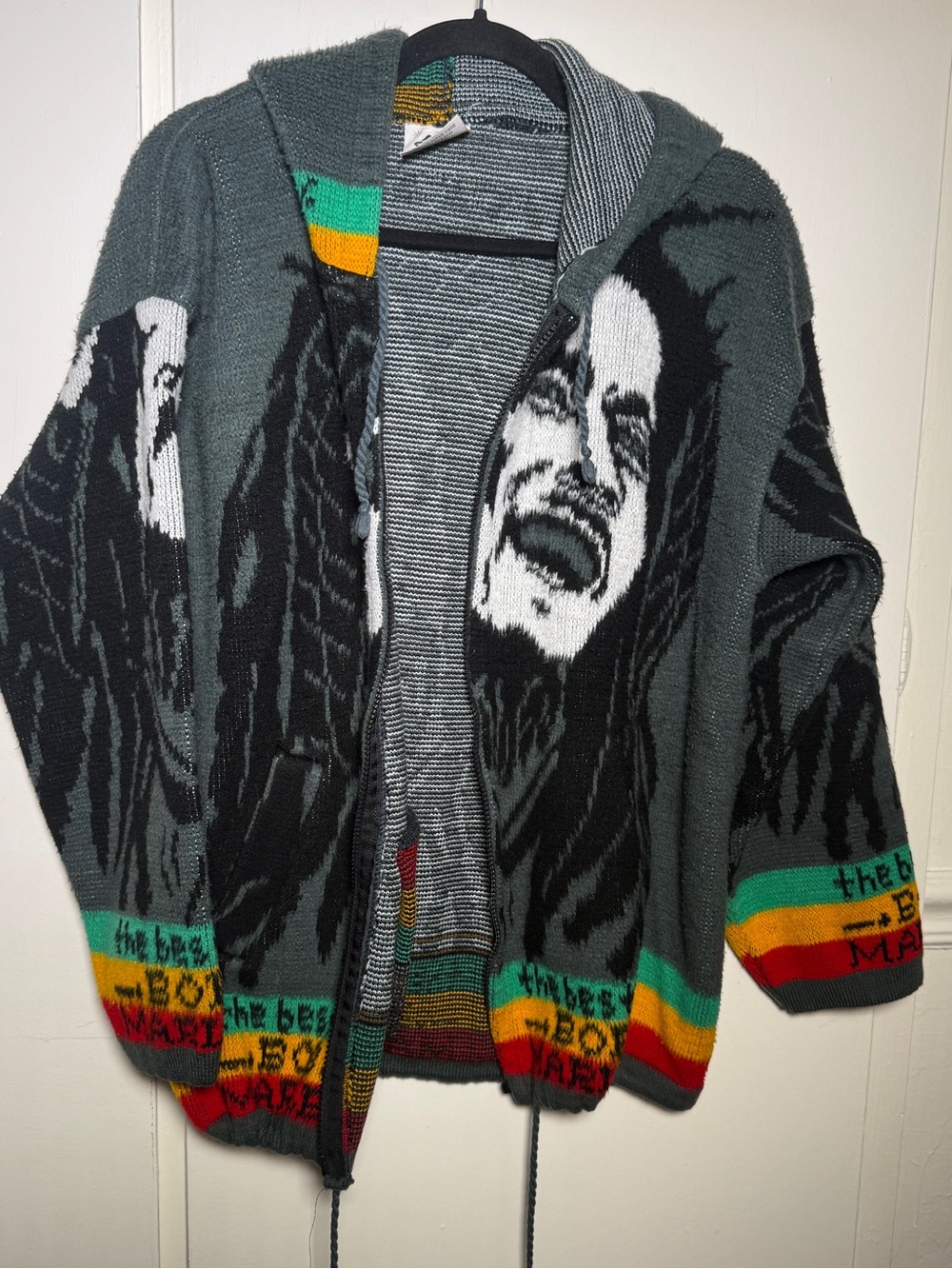 Tahuantinsuyu Graphic Knit Hooded Sweater Cardigan Bob Marley Grey Large